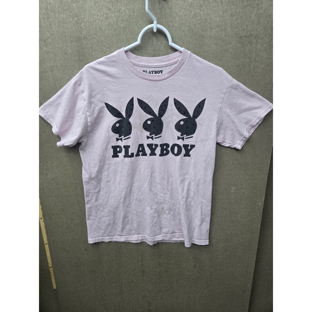 Playboy Triple Bunny Logo T Shirt Light Pink Rhinestone Graphic Womens Medium